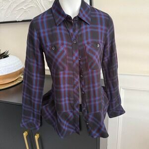 Cabi black & blue plaid button-up shirt with soft ruffle‎